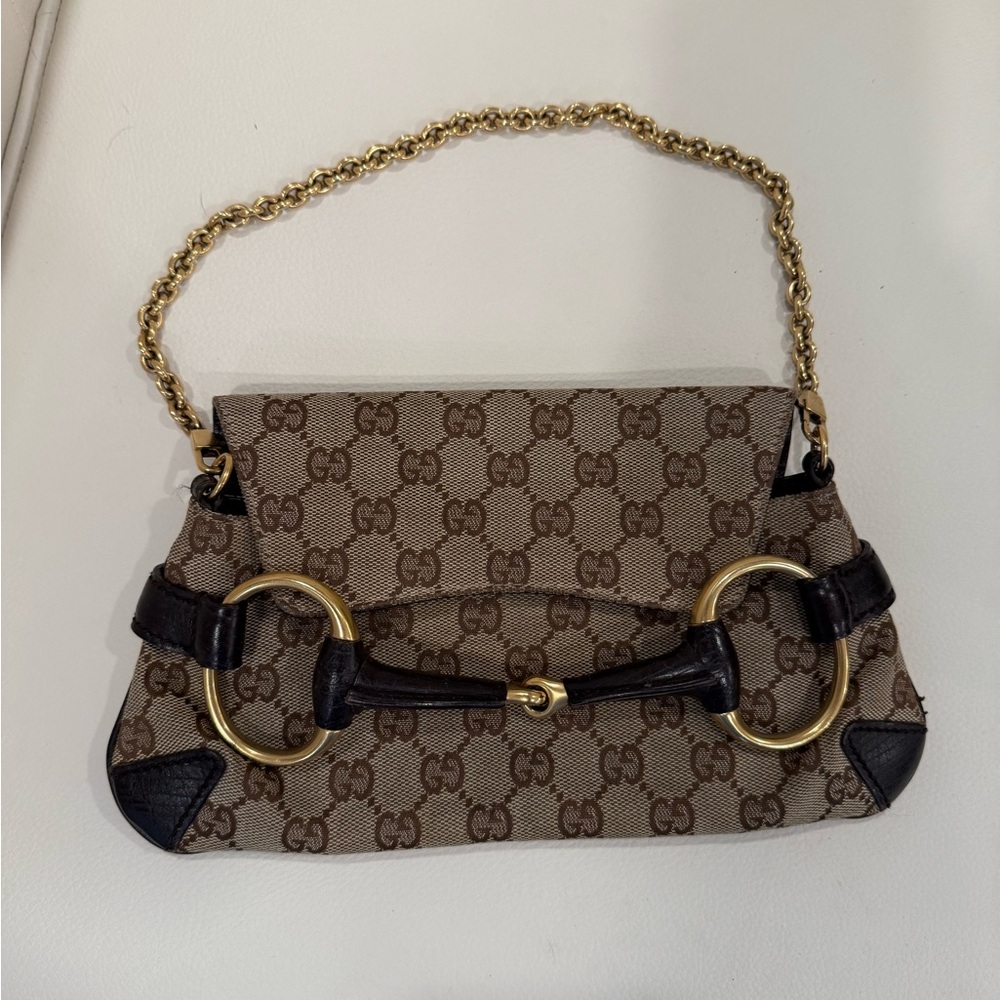 Gucci Brown and Gold Shoulder Bag with Horsebit Detail